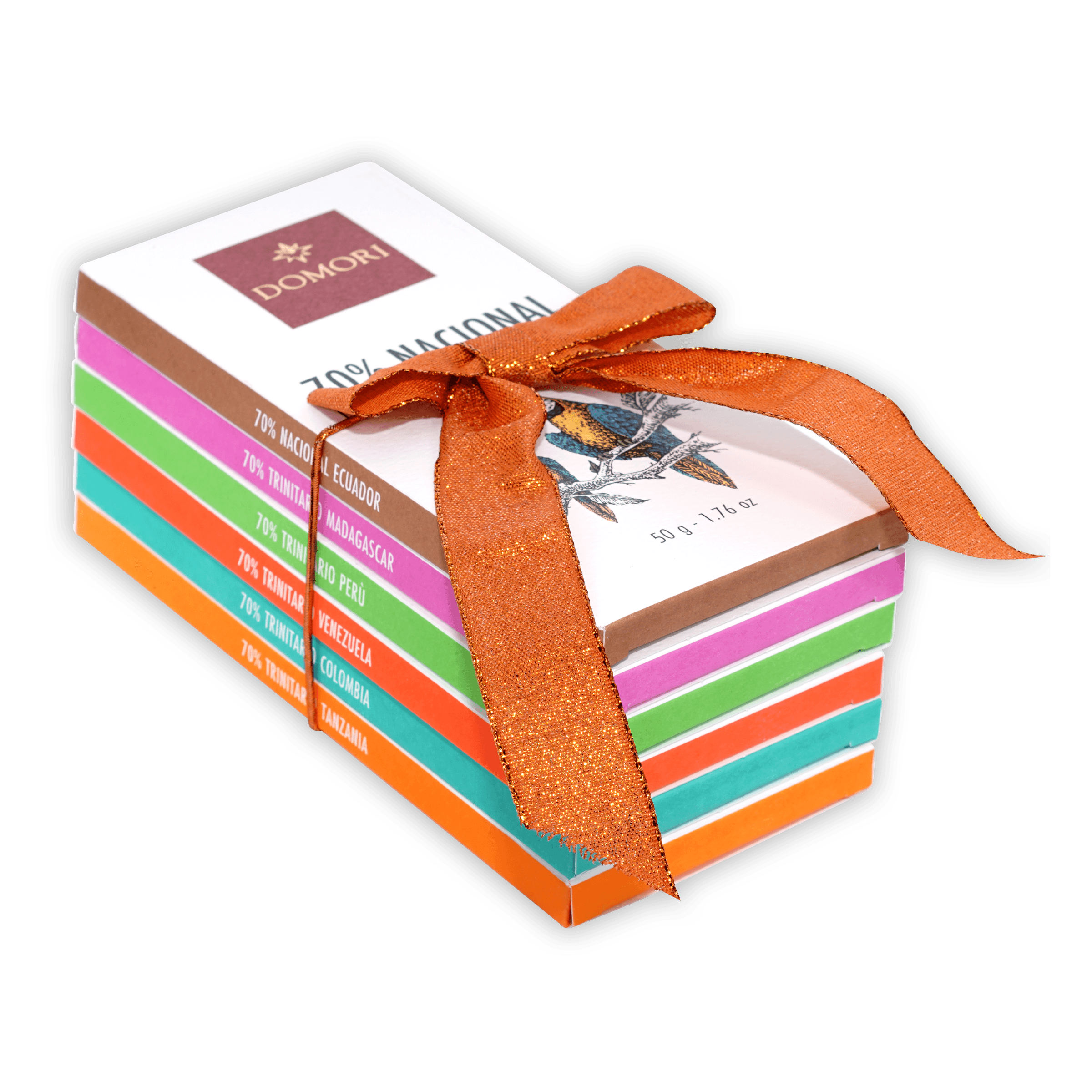 Domori 70% Nacional chocolate bundle of 6 vibrant bars with orange ribbon