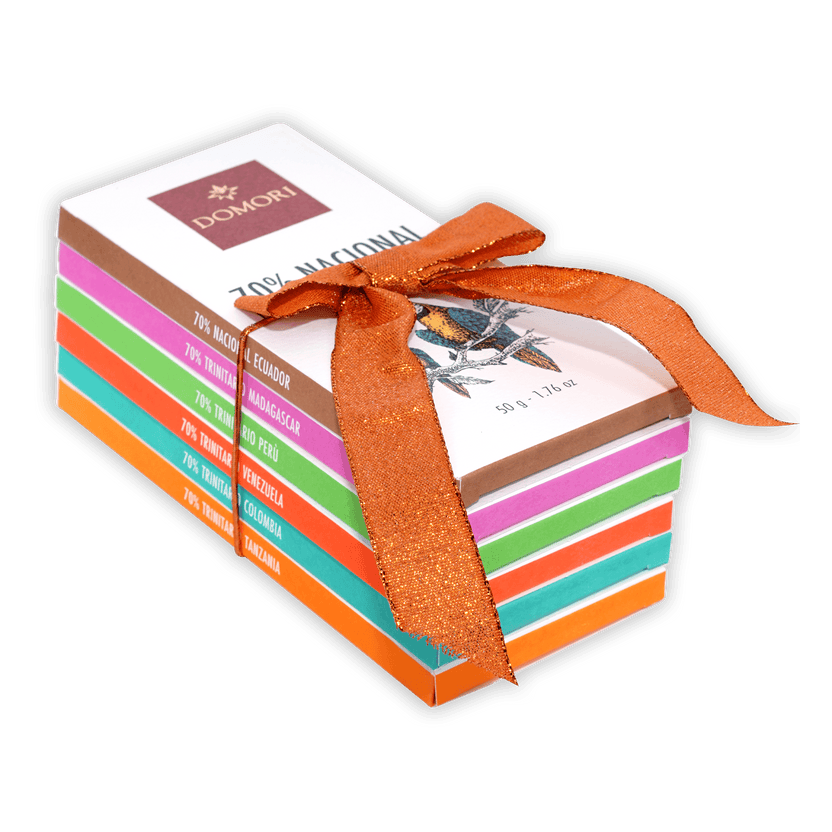 Domori 70% Nacional chocolate bundle of 6 vibrant bars with orange ribbon