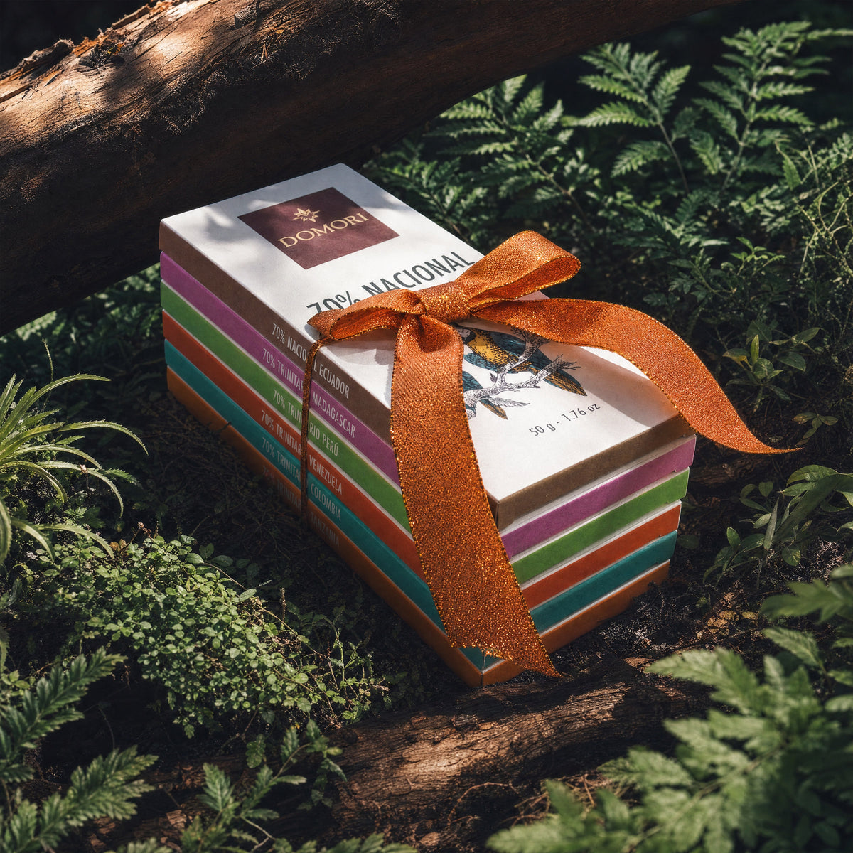 Six Domori bars tied with an orange ribbon among ferns.