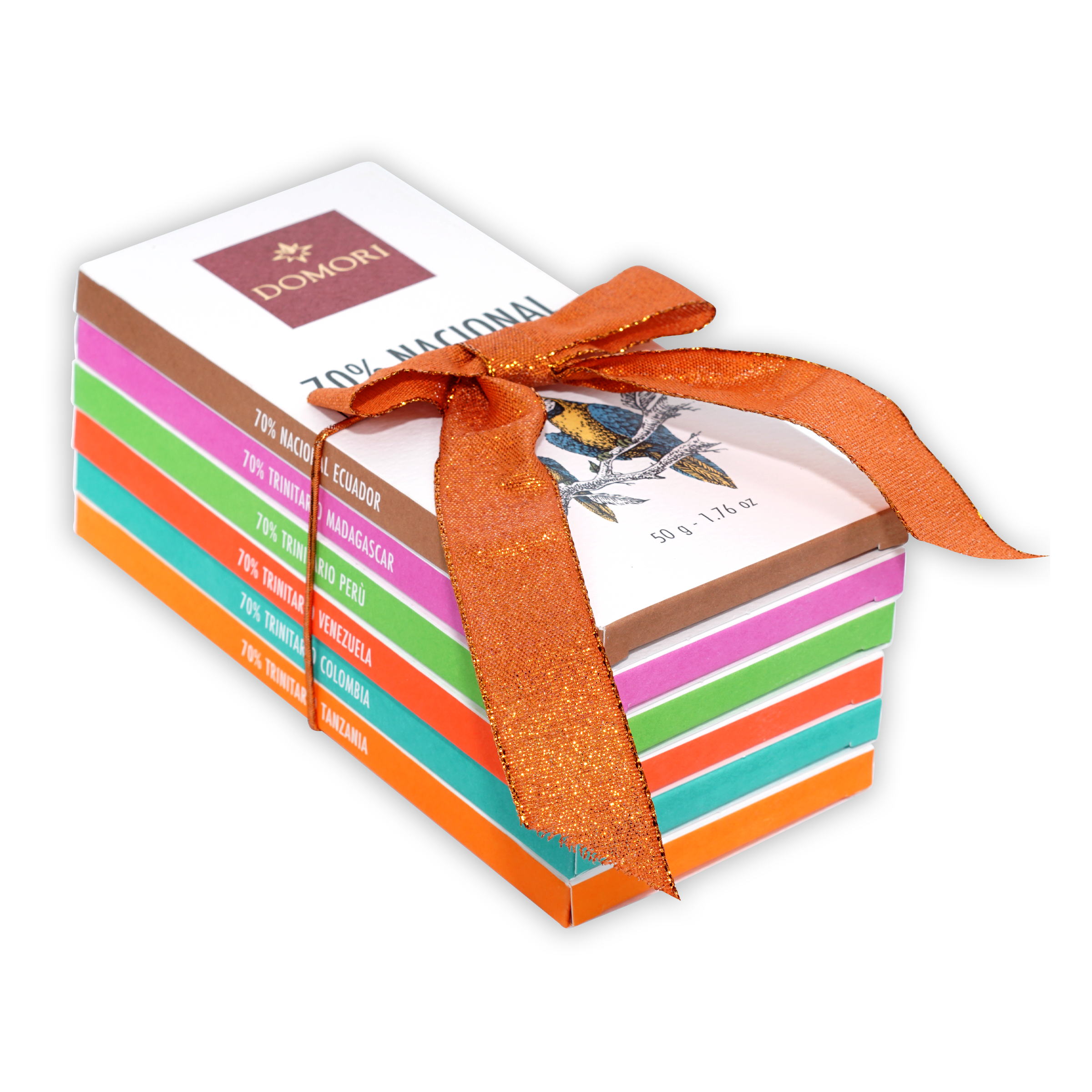 Domori 70% Nacional chocolate bundle of 6 vibrant bars with orange ribbon