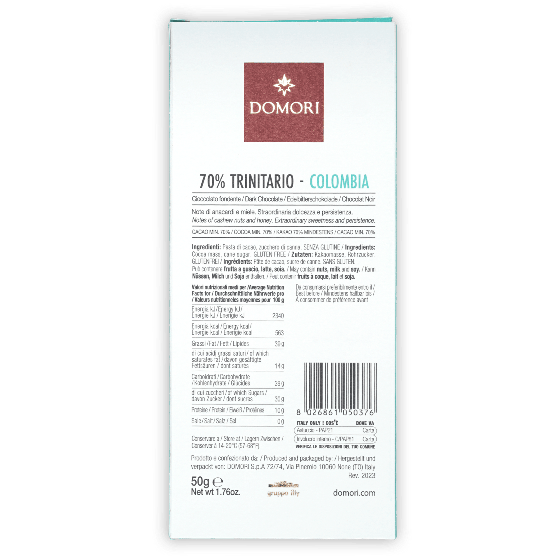 Domori Trinitario Colombia 70% white rectangular chocolate bar wrapper