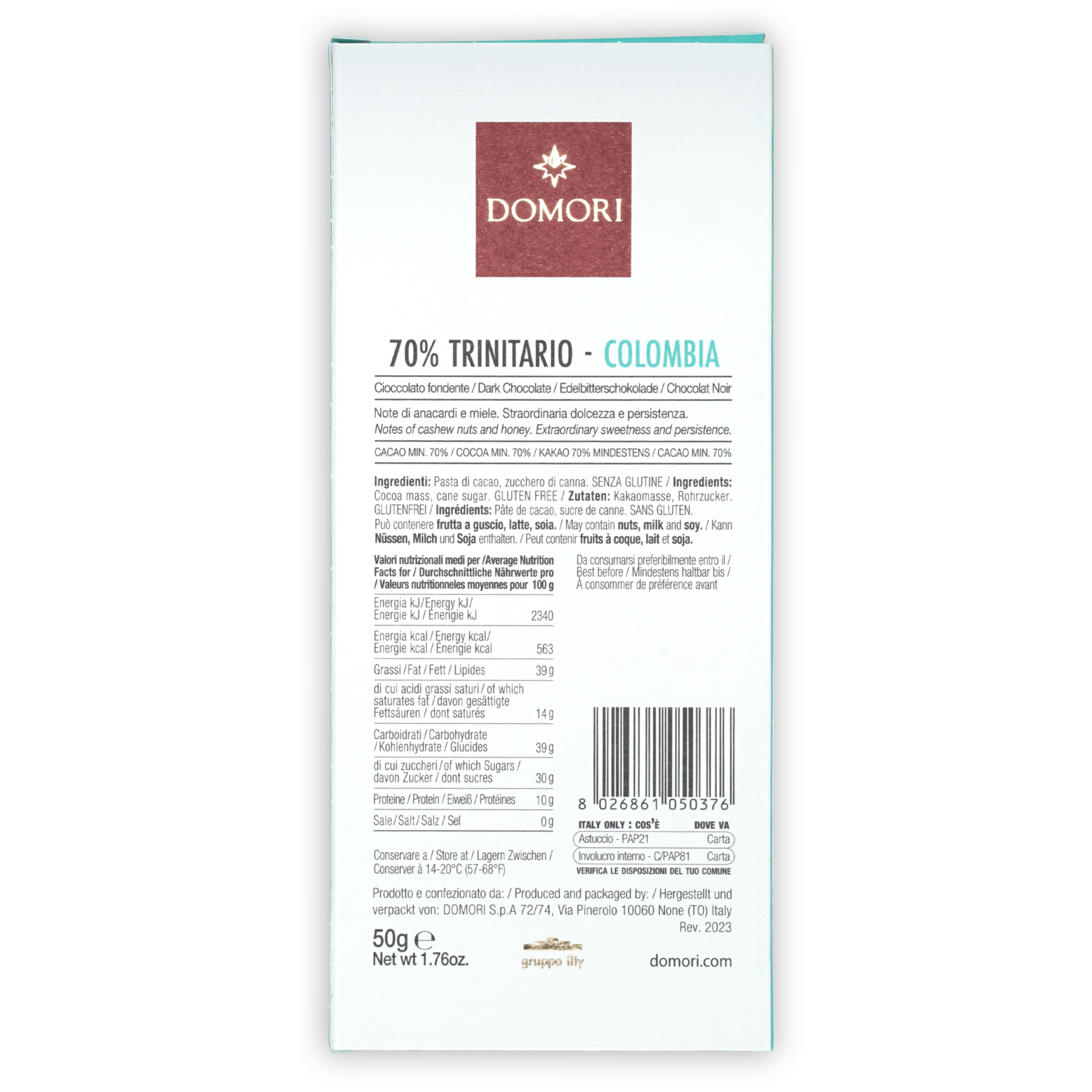 Domori Trinitario Colombia 70% white rectangular chocolate bar wrapper