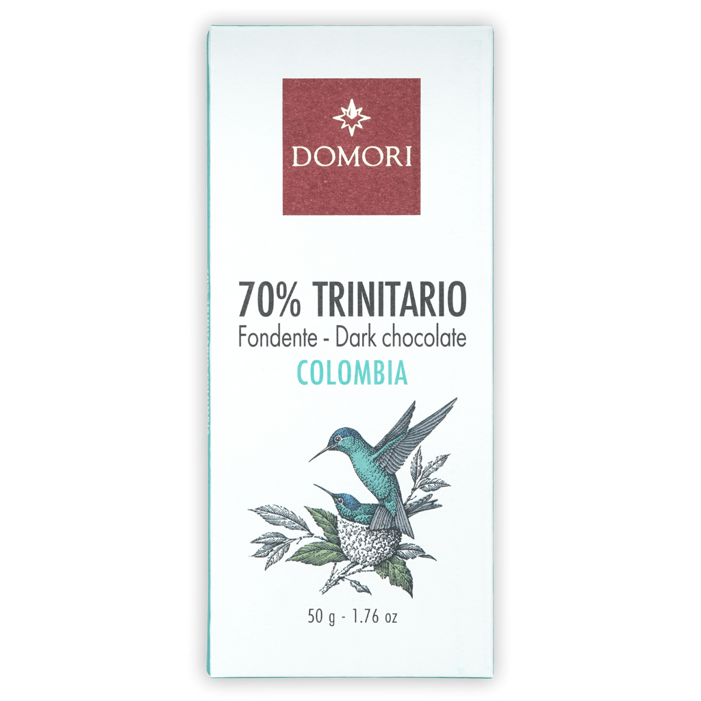Domori Trinitario Colombia 70% dark chocolate bar in white wrapper
