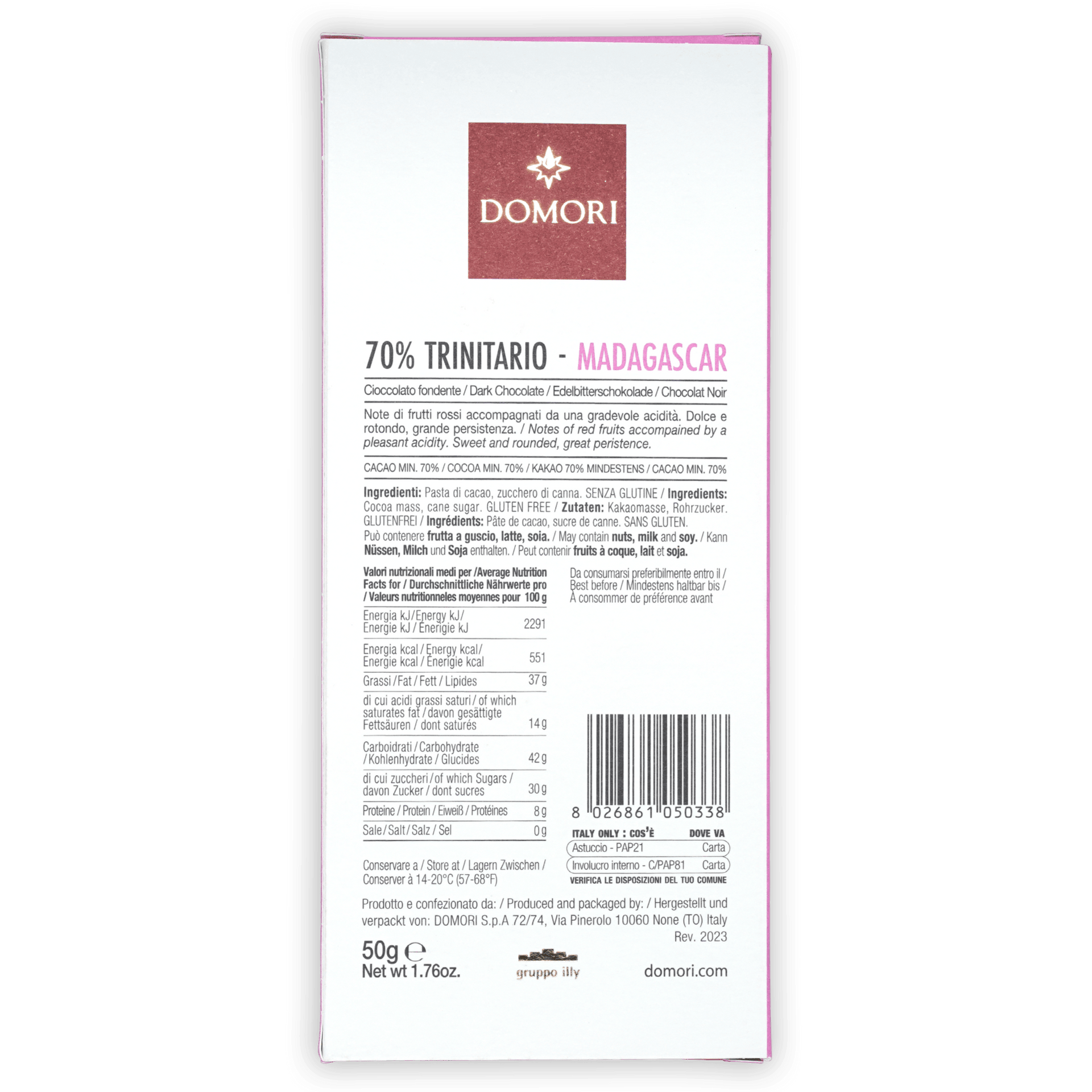 Domori Trinitario Madagascar 70% dark chocolate box back