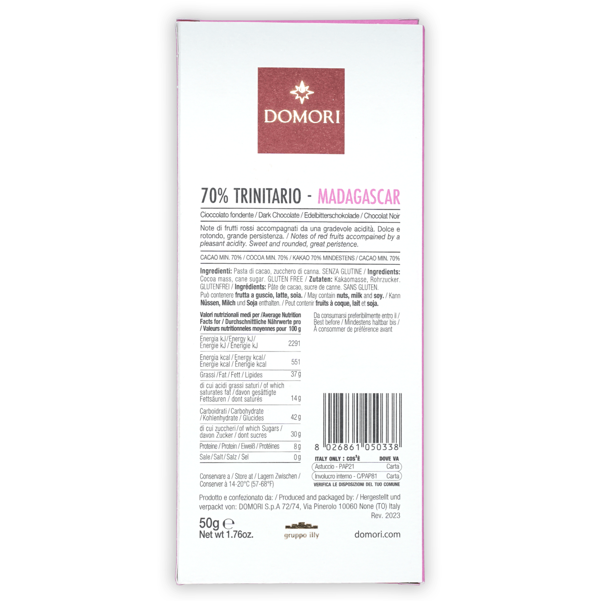 Domori Trinitario Madagascar 70% dark chocolate box back