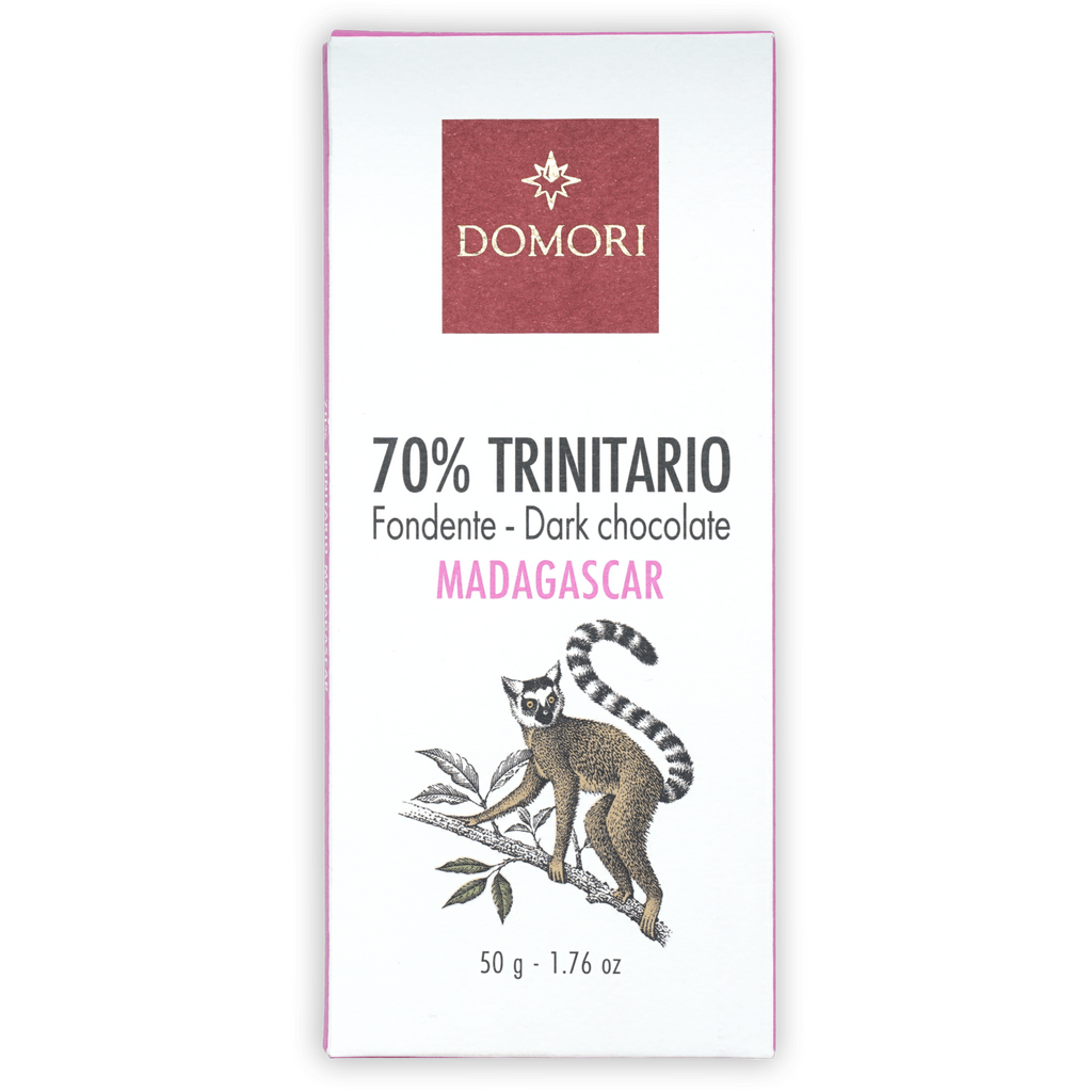 Domori Trinitario Madagascar 70% dark chocolate with lemur illustration
