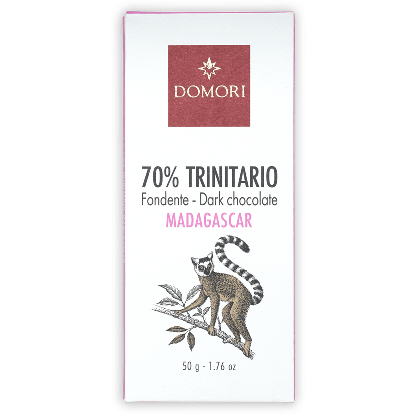 Domori Trinitario Madagascar 70% dark chocolate with lemur illustration