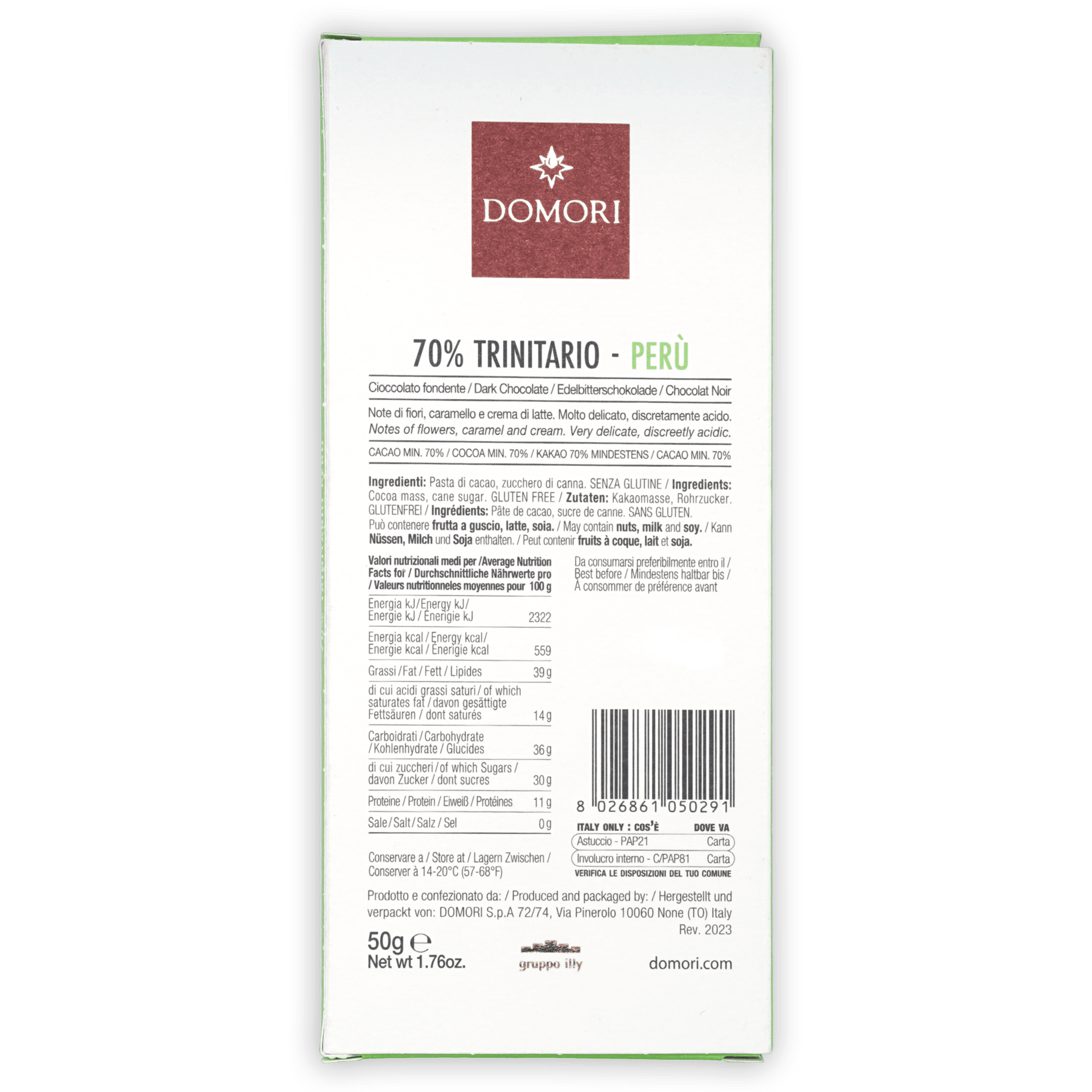 Domori Trinitario Peru 70% chocolate bar wrapper with maroon logo