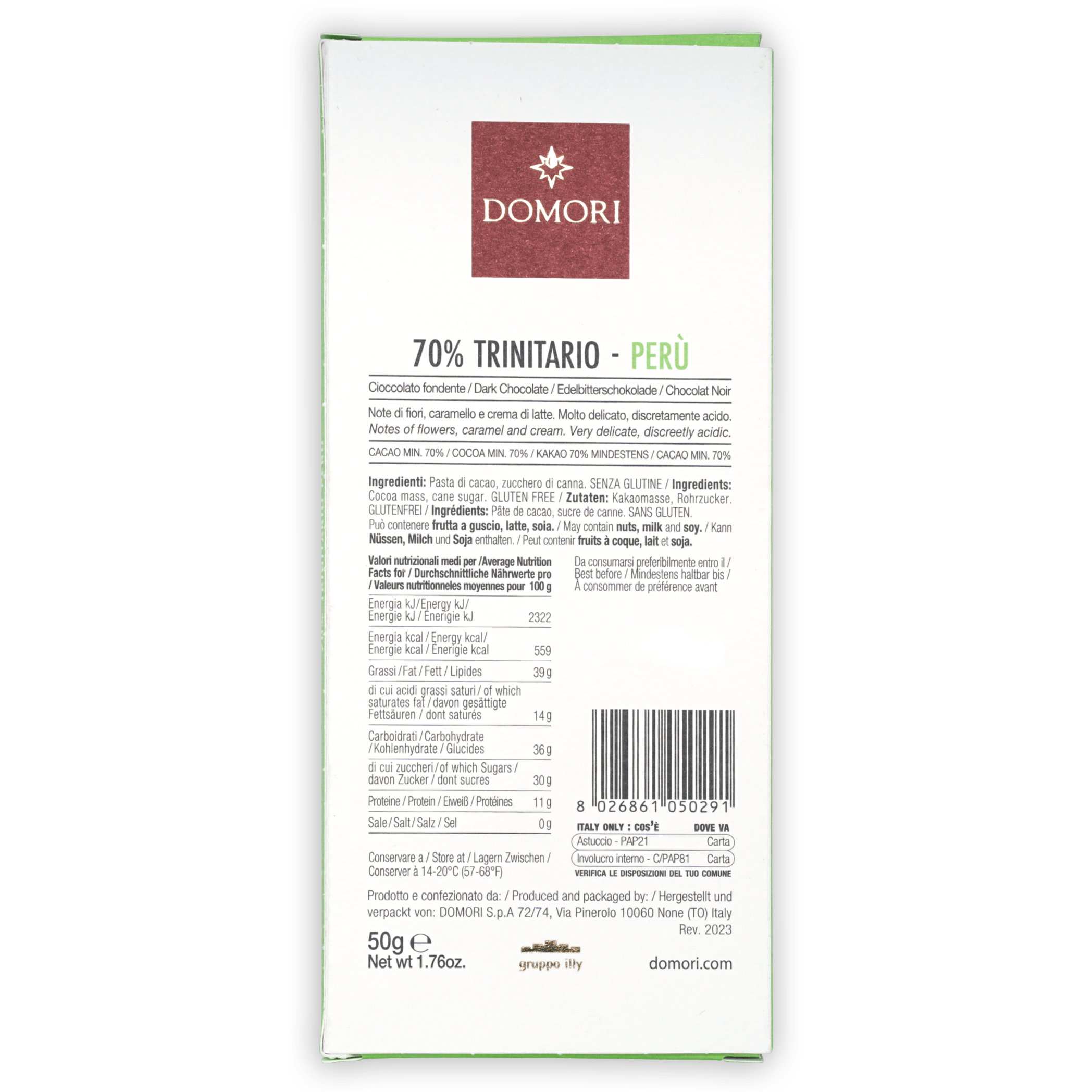 Domori Trinitario Peru 70% chocolate bar wrapper with maroon logo