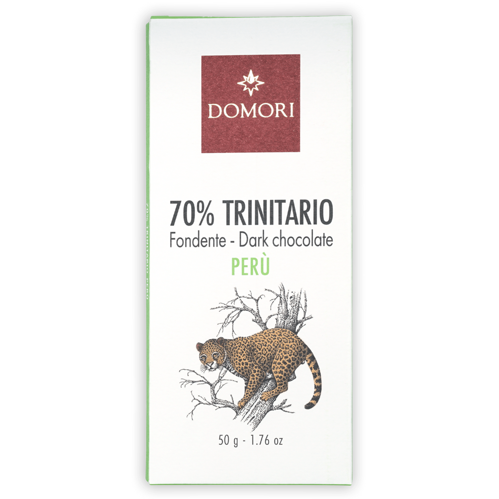 Domori Trinitario Peru 70% dark chocolate bar with leopard packaging