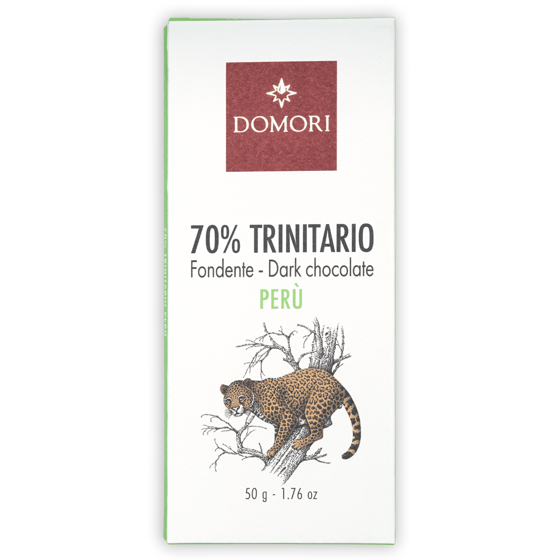 Domori Trinitario Peru 70% dark chocolate bar with leopard packaging