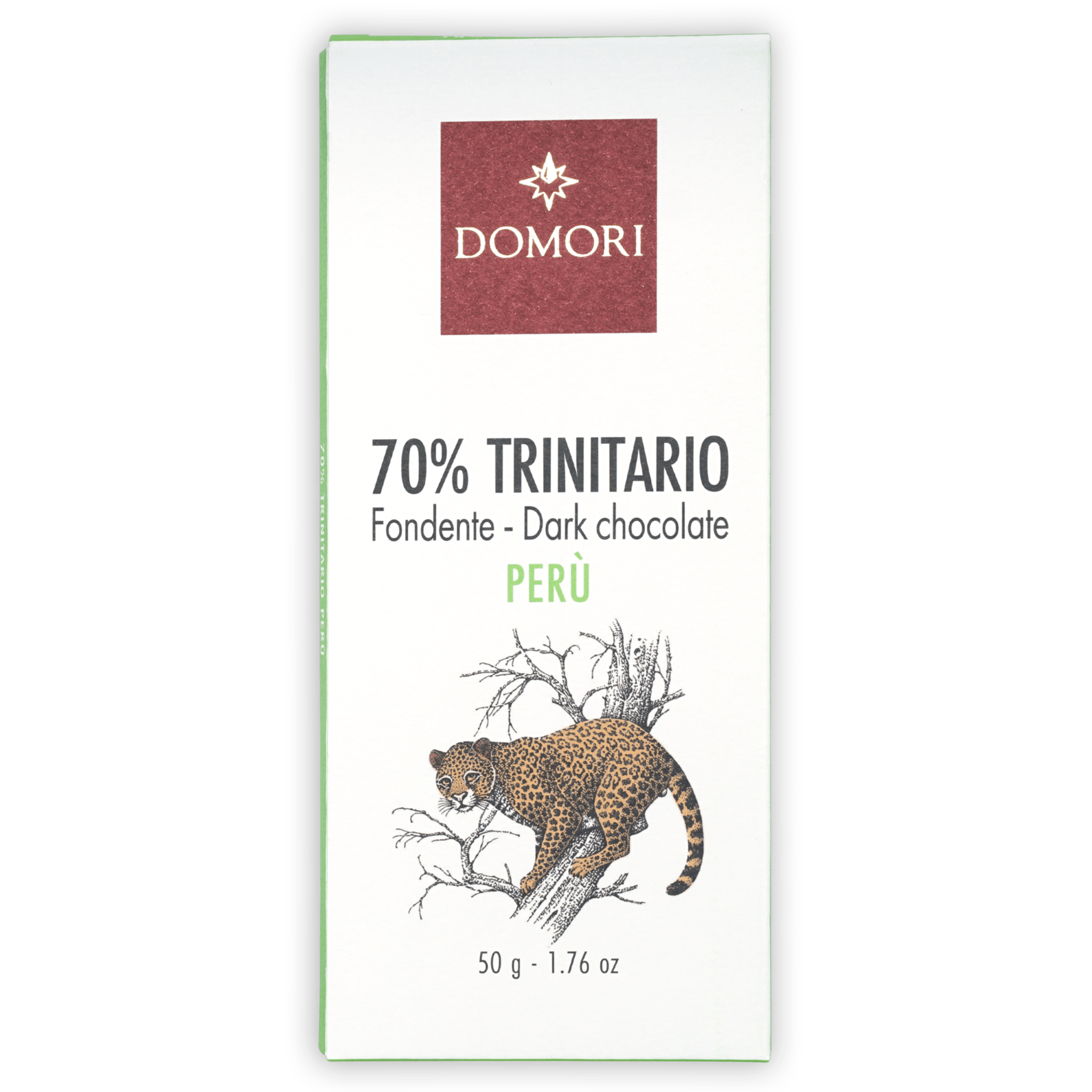 Domori Trinitario Peru 70% dark chocolate bar with leopard packaging