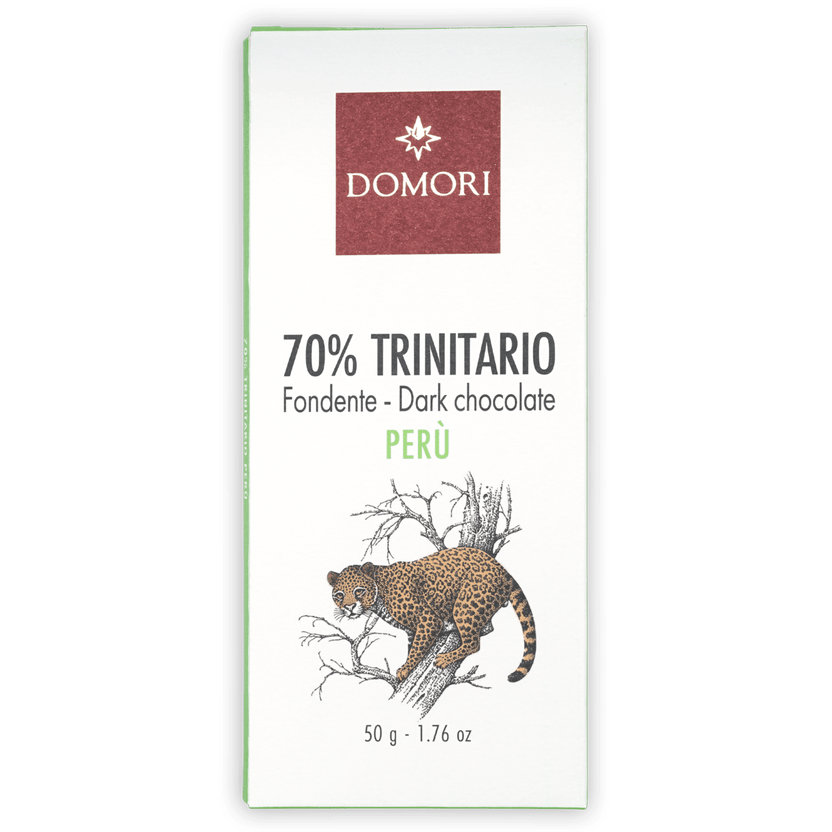 Domori Trinitario Peru 70% dark chocolate bar with leopard packaging