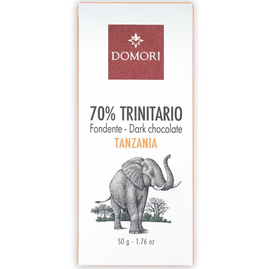 Domori Trinitario Tanzania 70% dark chocolate bar with elephant illustration