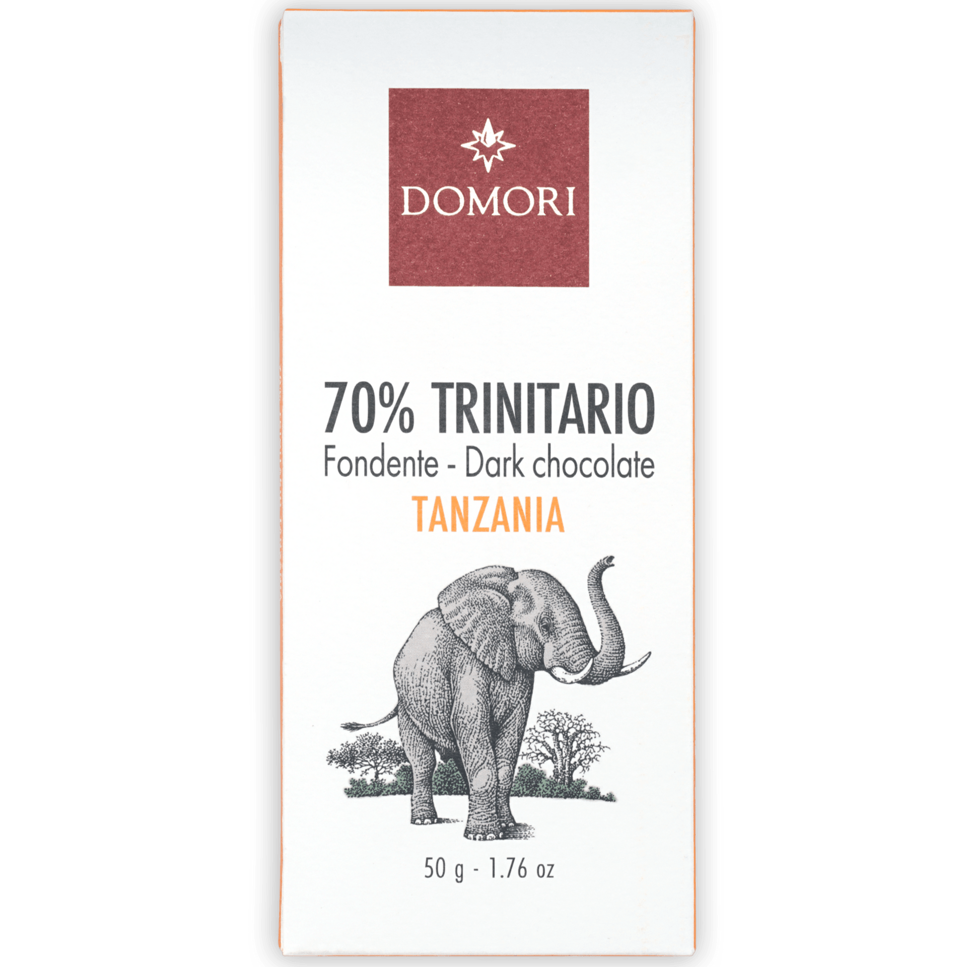 Domori Trinitario Tanzania 70% dark chocolate bar with elephant illustration
