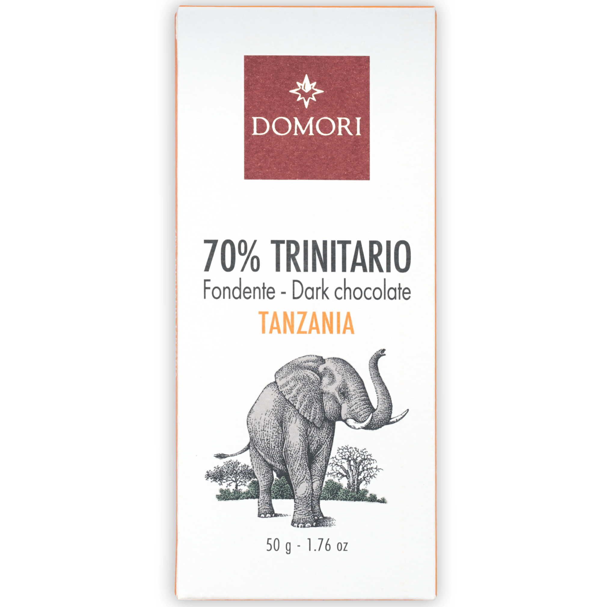 Domori Trinitario Tanzania 70% dark chocolate bar with elephant illustration