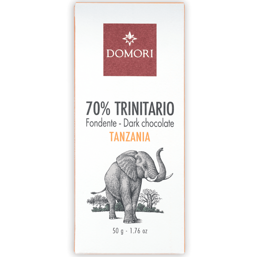 Domori Trinitario Tanzania 70% dark chocolate bar with elephant illustration