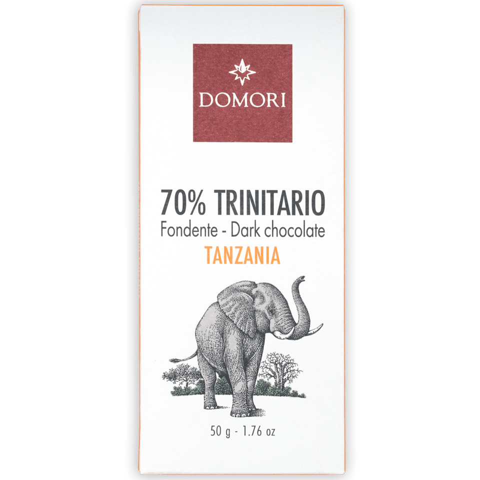 Domori Trinitario Tanzania 70% dark chocolate bar with elephant illustration