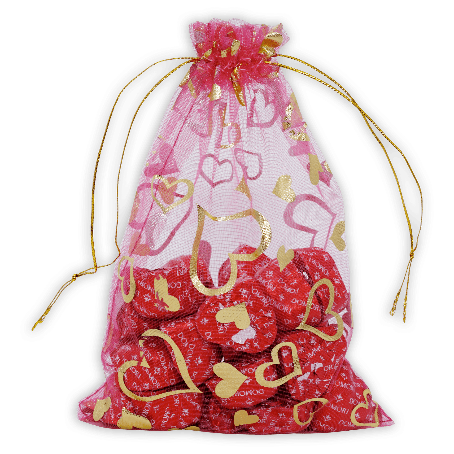 Pink sheer organza bag with gold hearts holding Domori Criollo Hearts 70% candies