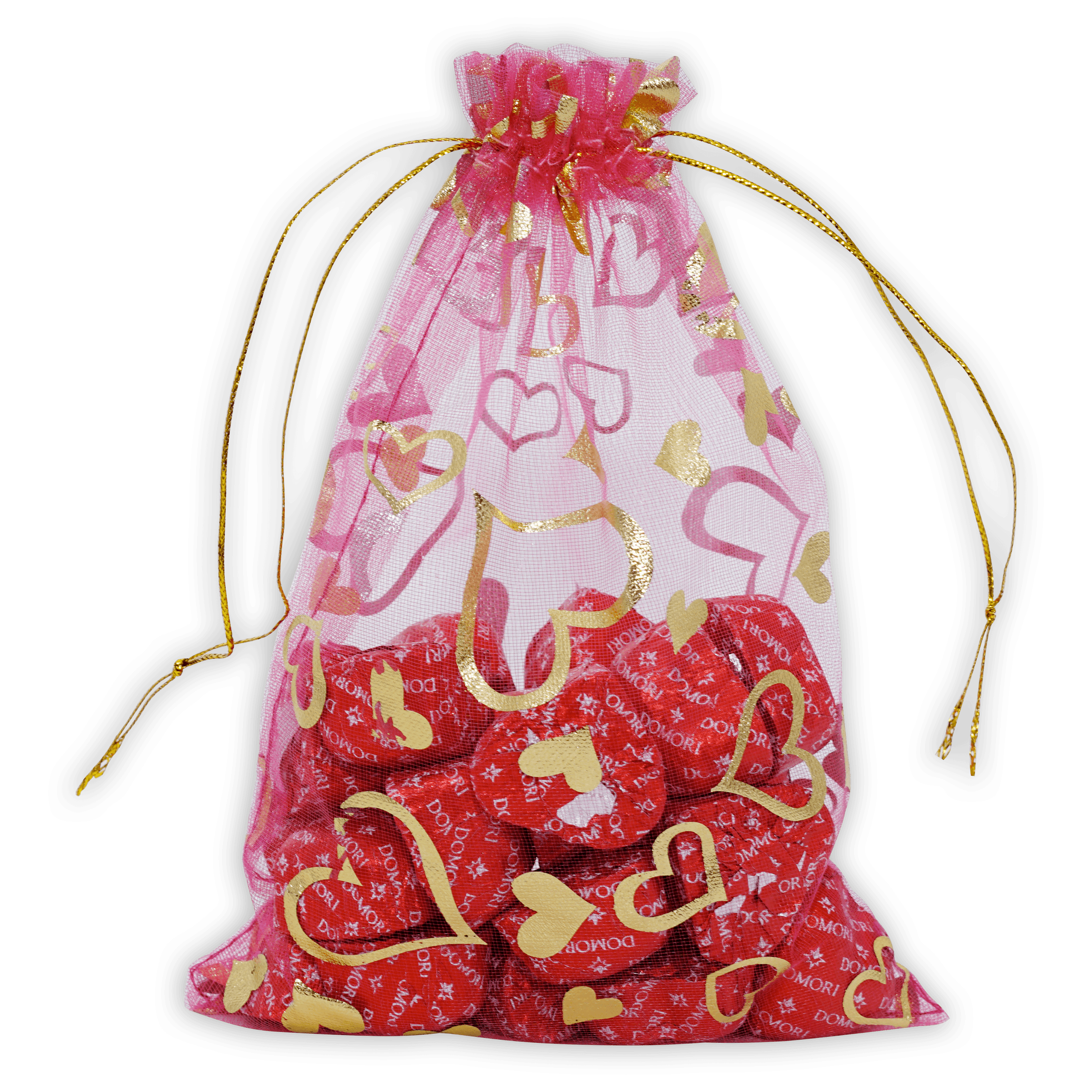 Pink sheer organza bag with gold hearts holding Domori Criollo Hearts 70% candies