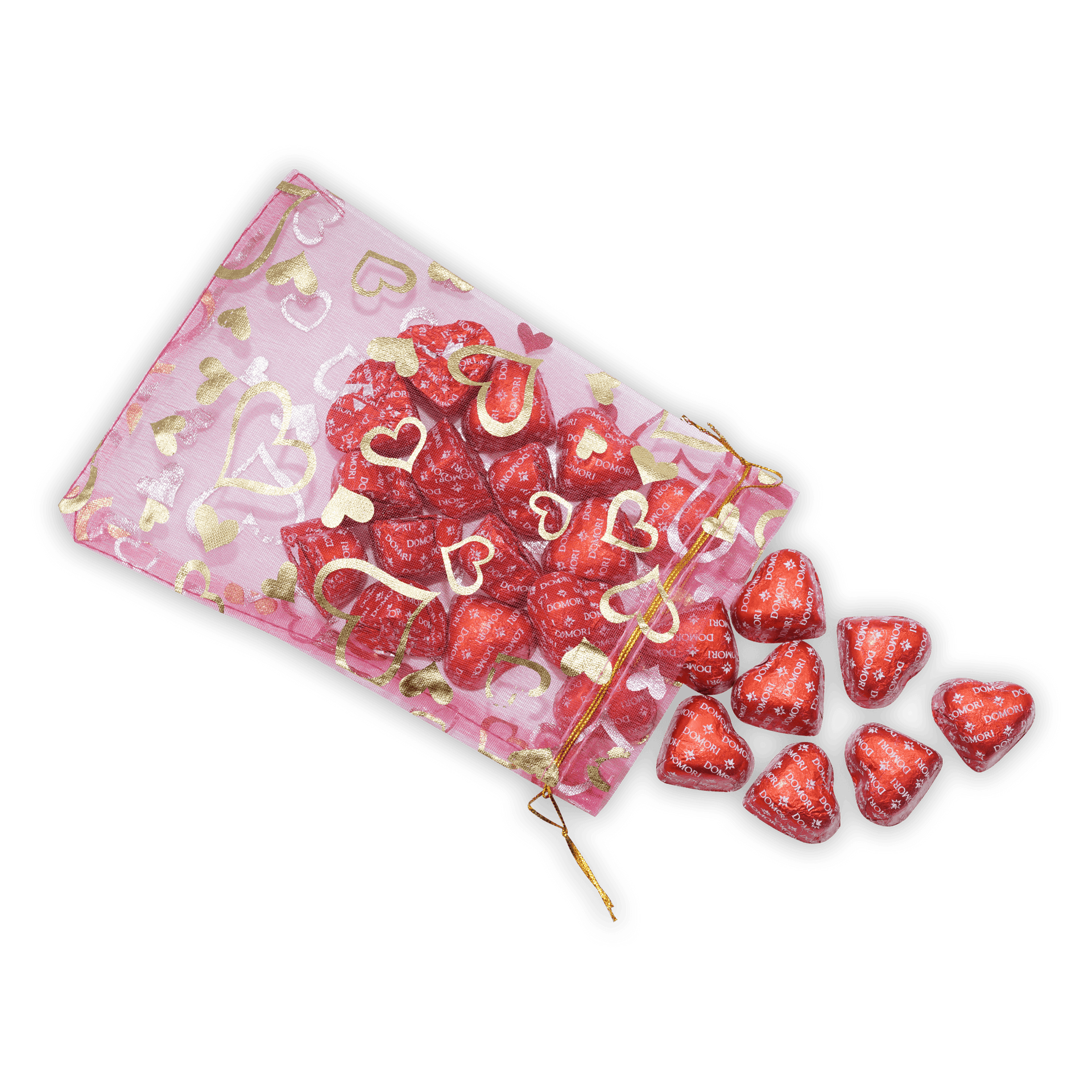 Pink sheer organza Domori Criollo Hearts 70% gift bag with gold hearts and red chocolates