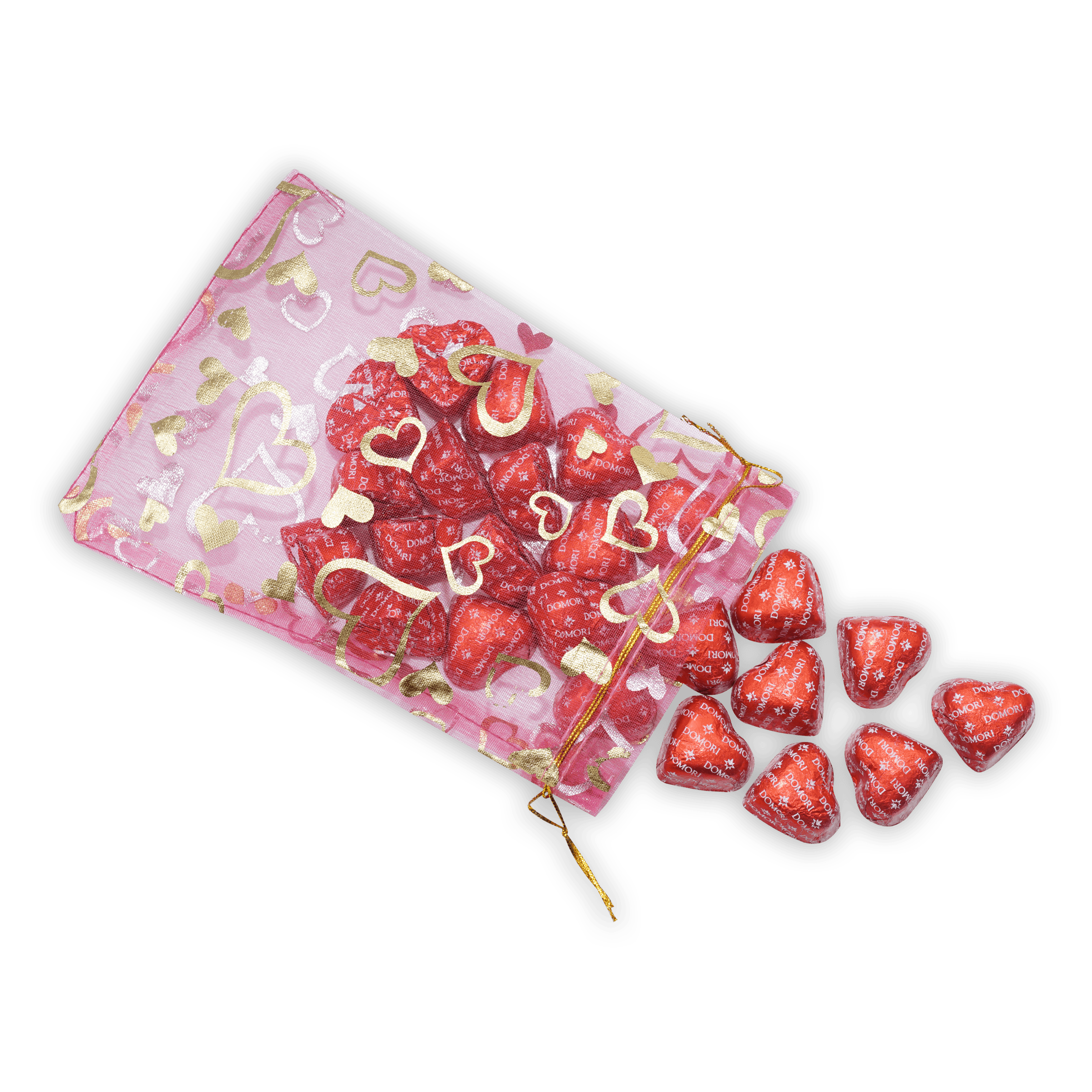Pink sheer organza Domori Criollo Hearts 70% gift bag with gold hearts and red chocolates