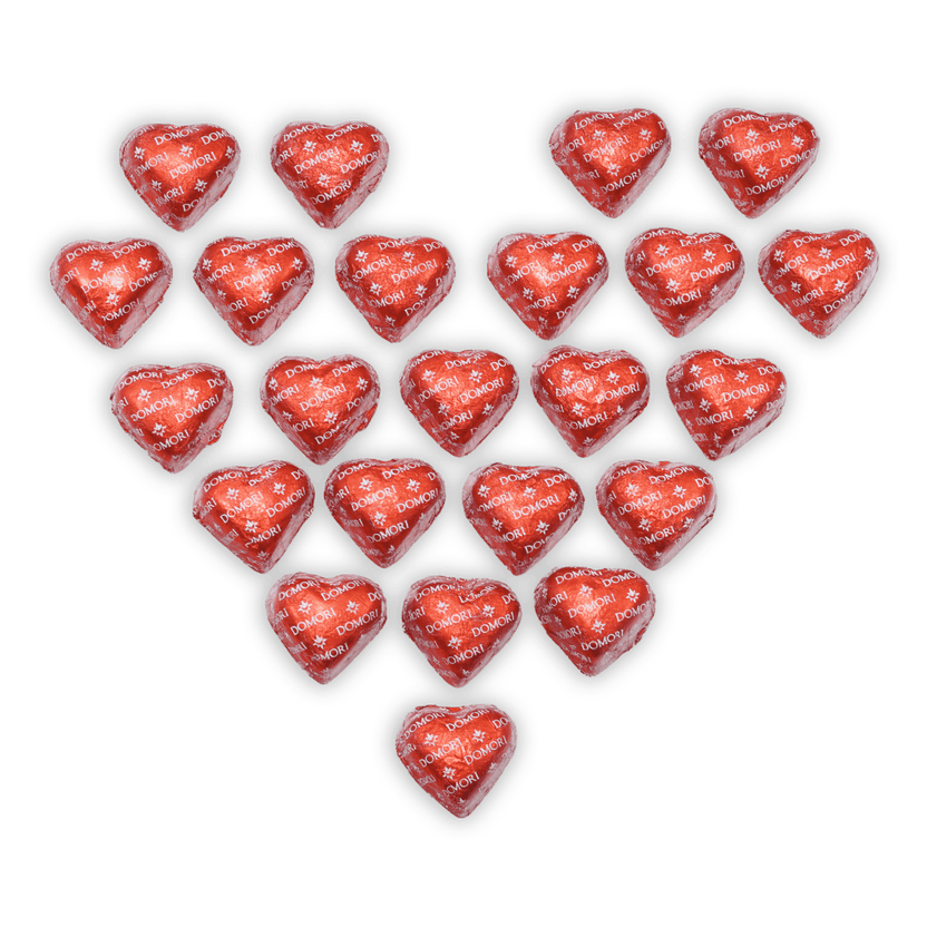 Domori Criollo Hearts 70% red foil-wrapped chocolate candies, 24 pcs