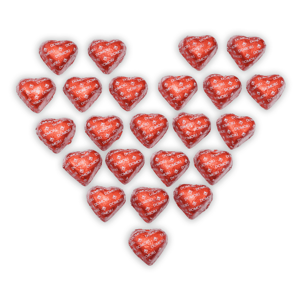 Domori Criollo Hearts 70% red foil-wrapped chocolate candies, 24 pcs