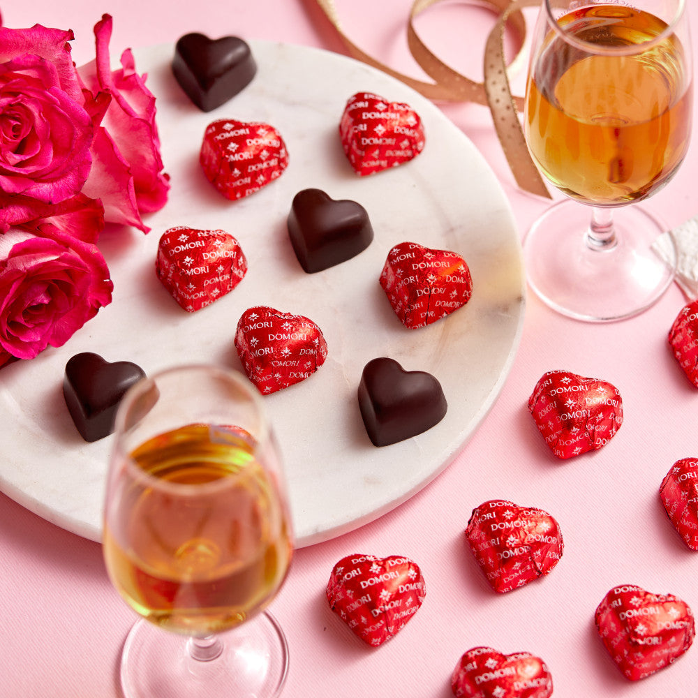 Domori Criollo Hearts 70% dark chocolate candies in red foil, 24 pcs