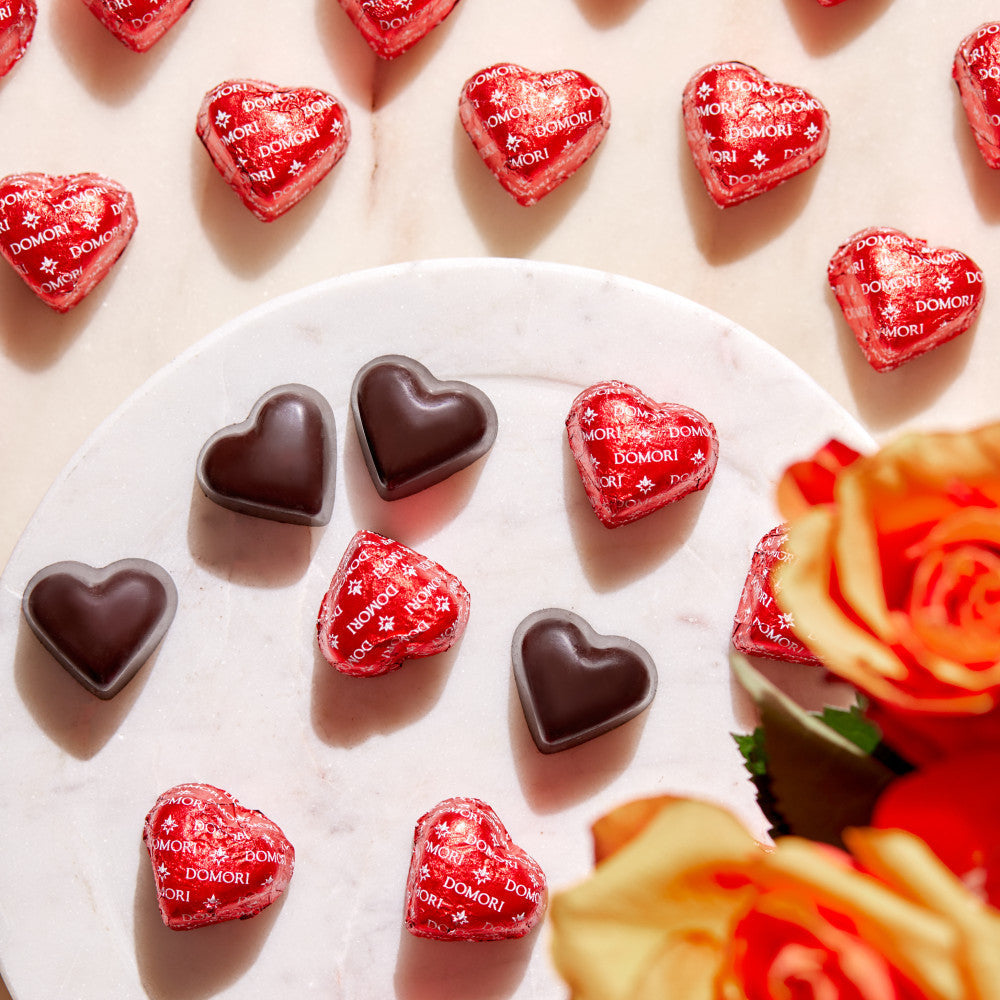 Domori Criollo Hearts 70% red dark chocolate candies in foil, 24 pcs