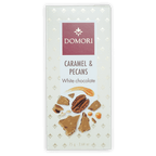 Domori white chocolate bar with caramel and pecans in cream wrapper
