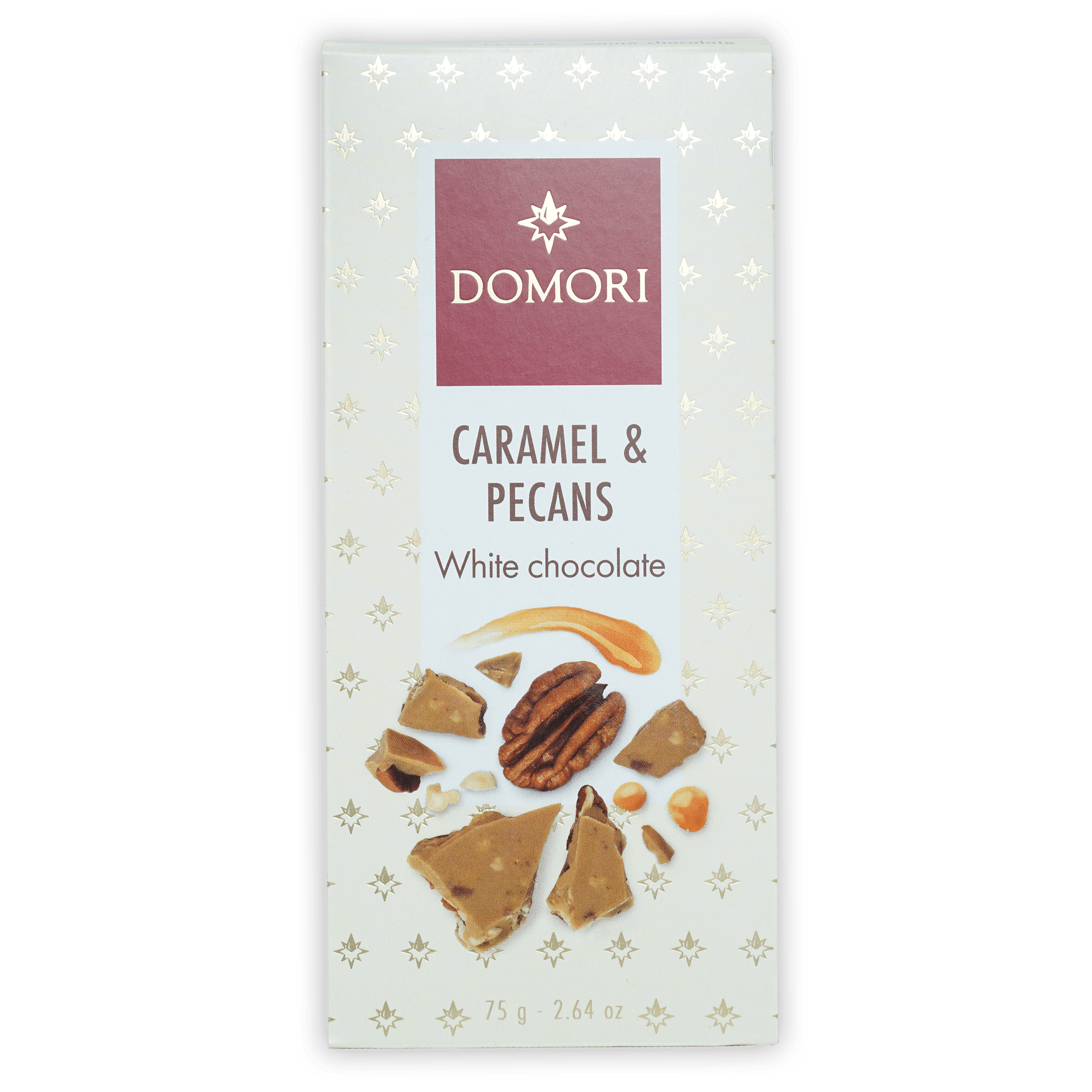 Domori white chocolate bar with caramel and pecans in cream wrapper