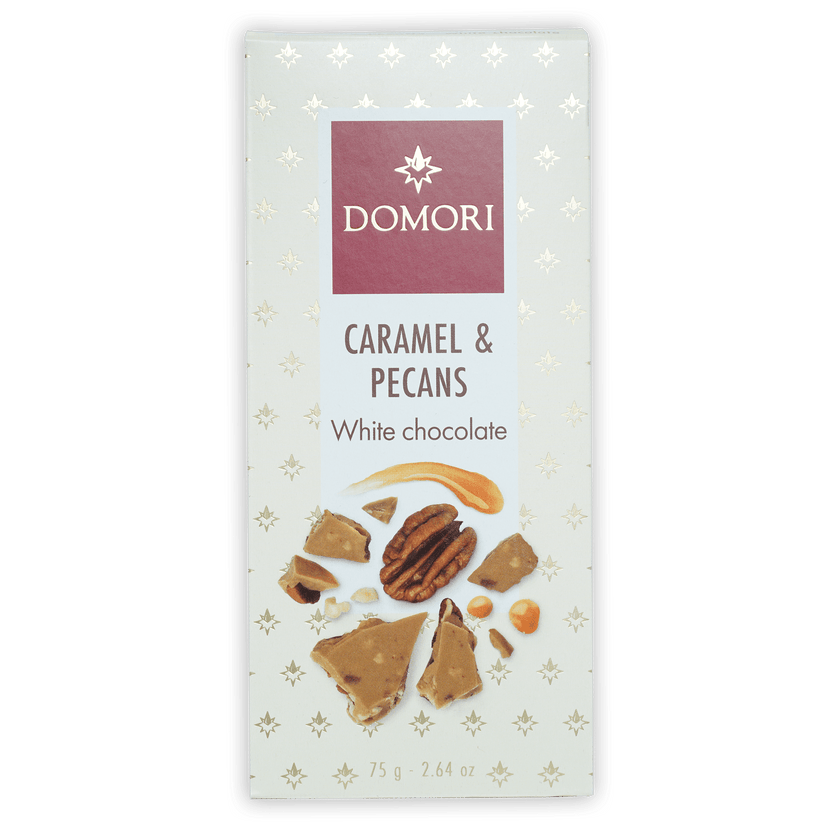 Domori white chocolate bar with caramel and pecans in cream wrapper