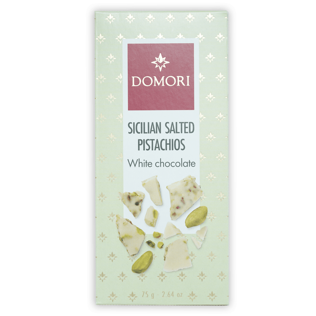 Domori white chocolate bar with Sicilian salted pistachios, green wrapper