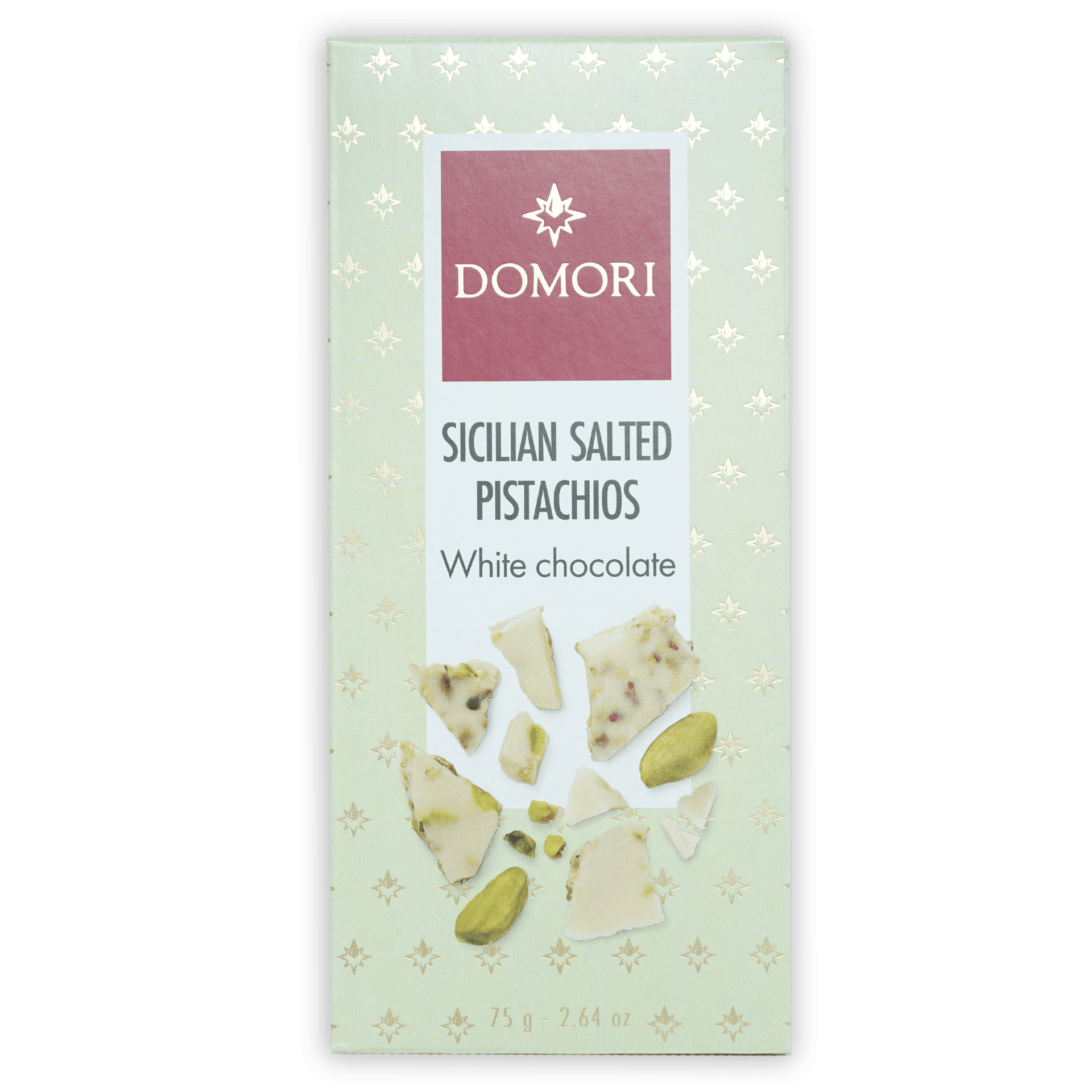 Domori white chocolate bar with Sicilian salted pistachios, green wrapper