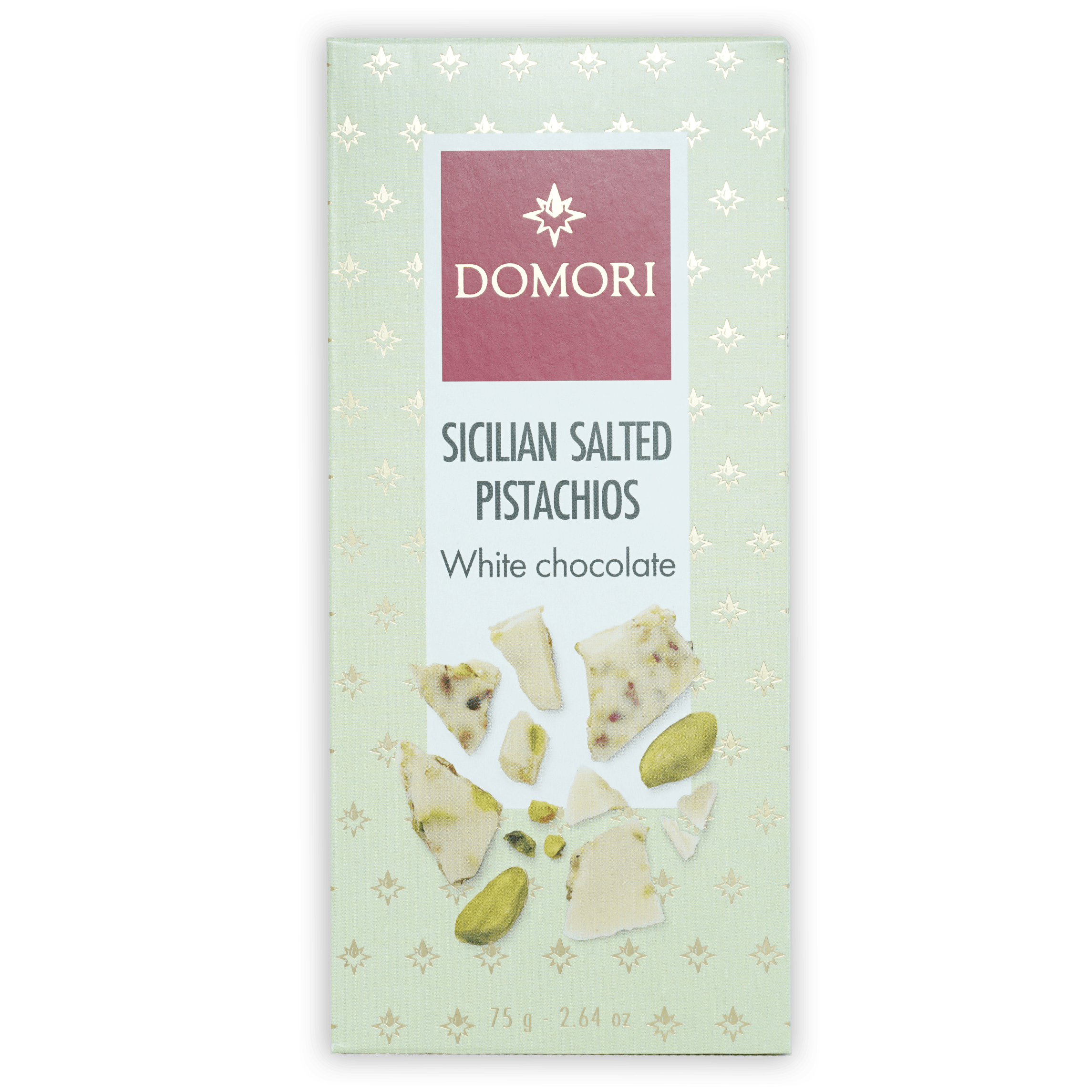 Domori white chocolate bar with Sicilian salted pistachios, green wrapper