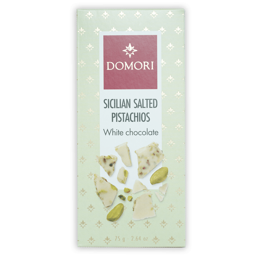 Domori white chocolate bar with Sicilian salted pistachios, green wrapper