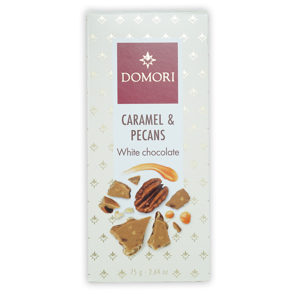 Domori white chocolate bar with caramel and pecans in cream wrapper