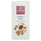 Domori white chocolate bar with caramel and pecans in cream wrapper