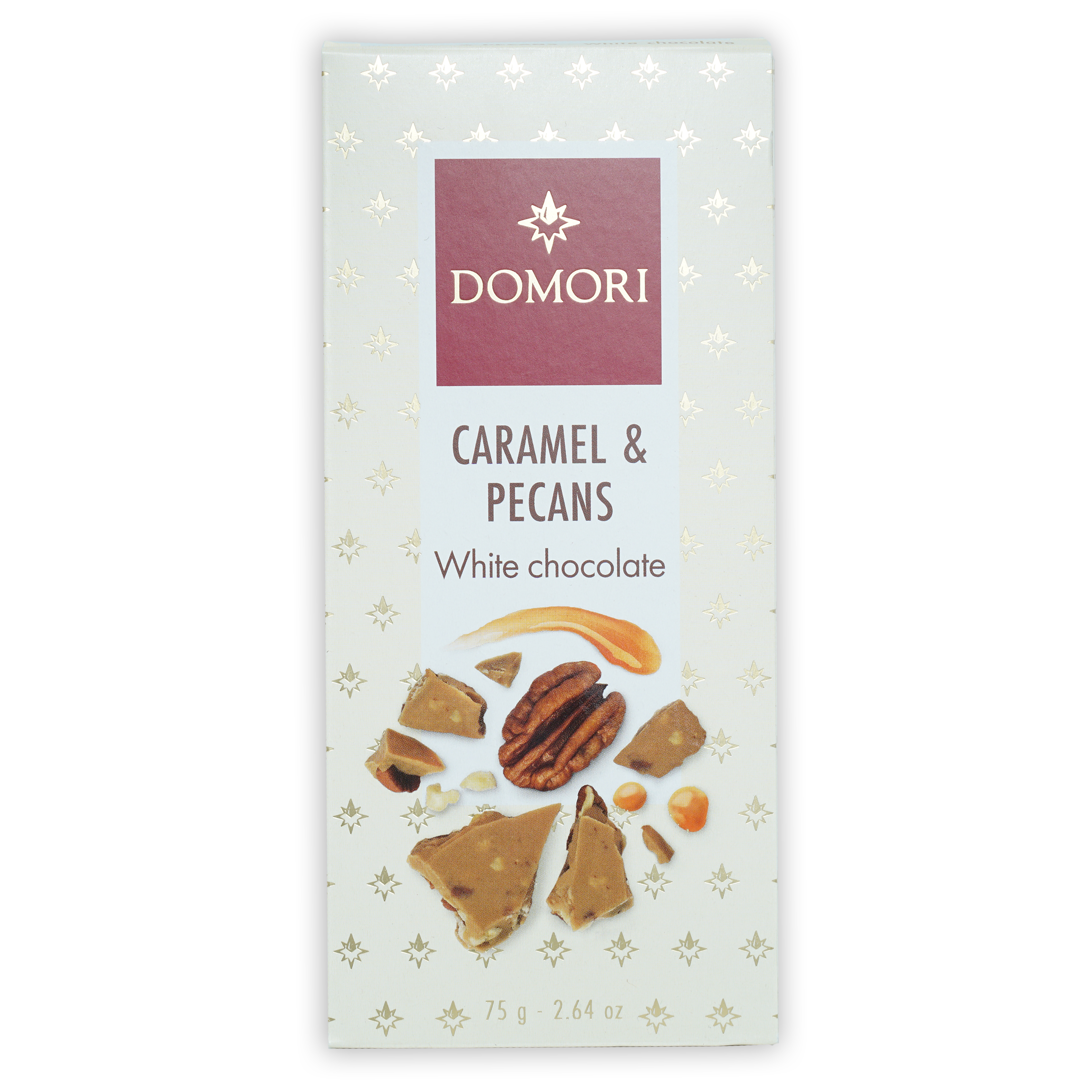 Domori white chocolate bar with caramel and pecans in cream wrapper