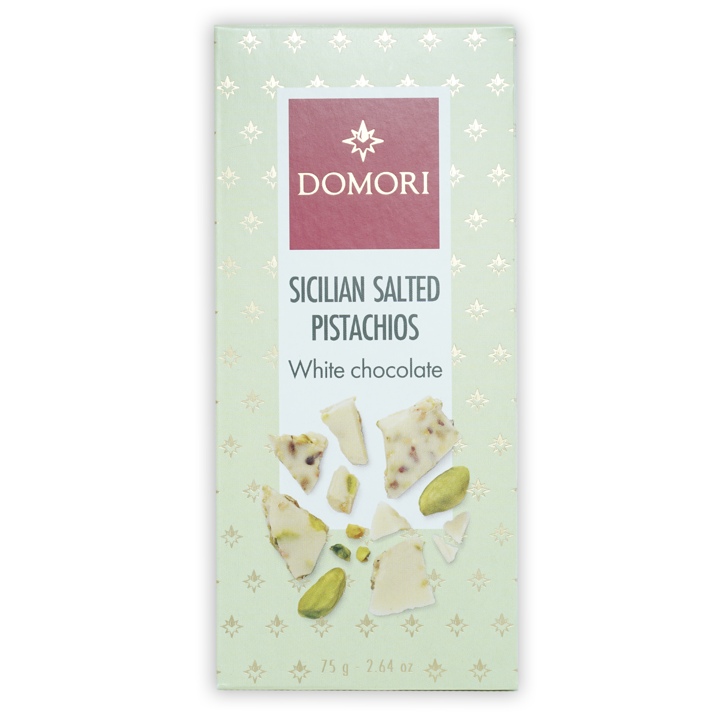 Domori white chocolate bar with Sicilian salted pistachios, green wrapper