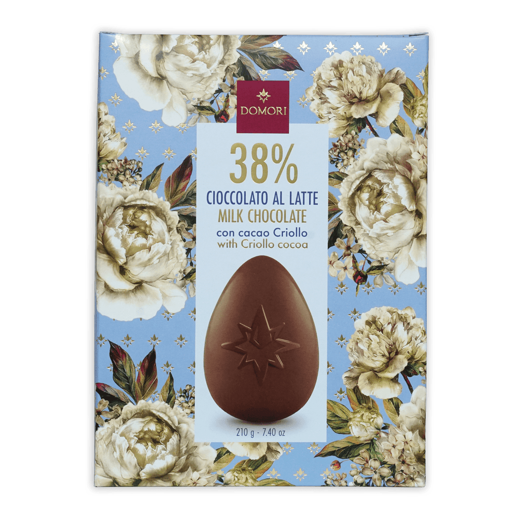 Domori Easter Egg milk chocolate features a brown egg with star imprint in an ornate floral box for seasonal gifting