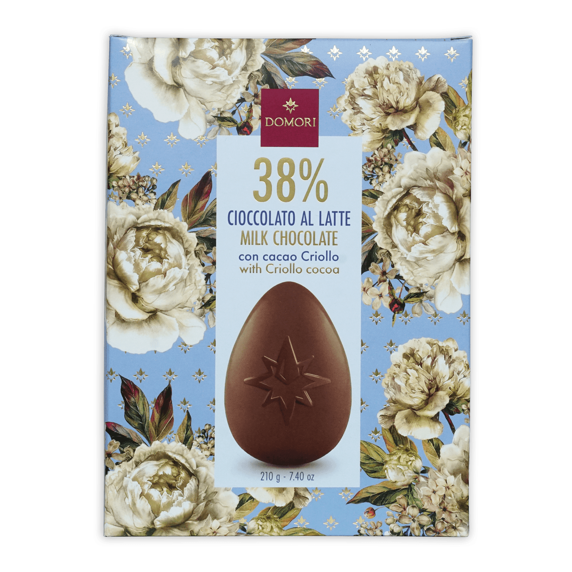 Domori Easter Egg milk chocolate features a brown egg with star imprint in an ornate floral box for seasonal gifting