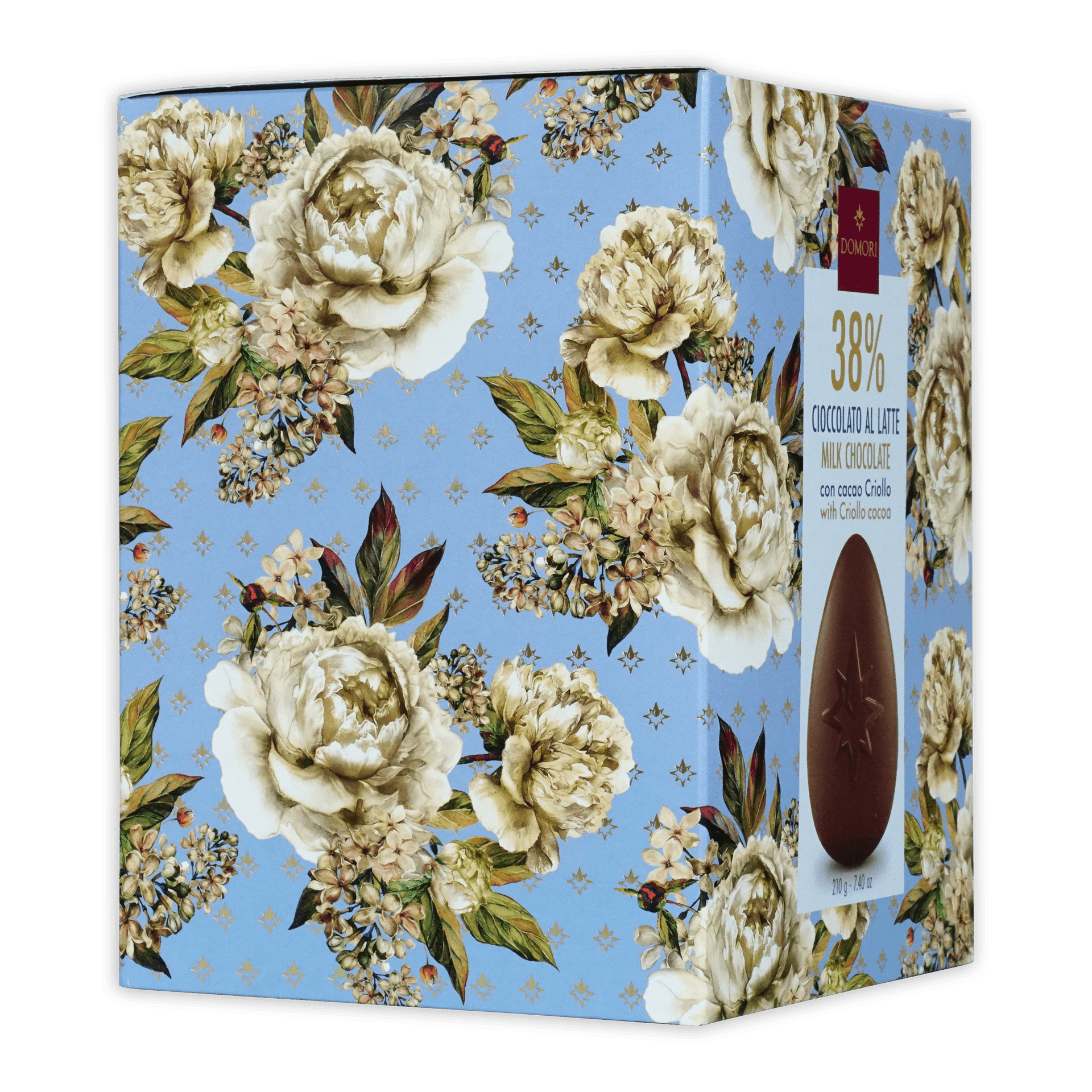 Rectangular domori easter egg milk chocolate box with 38% cocoa on a light blue floral cream and green background