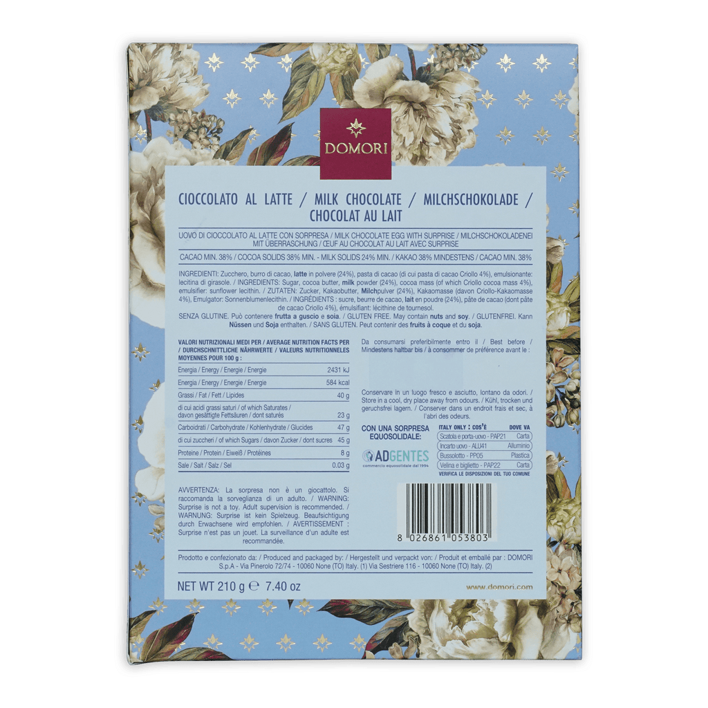Domori easter egg milk chocolate bar in decorative box with floral and star patterns for seasonal gift