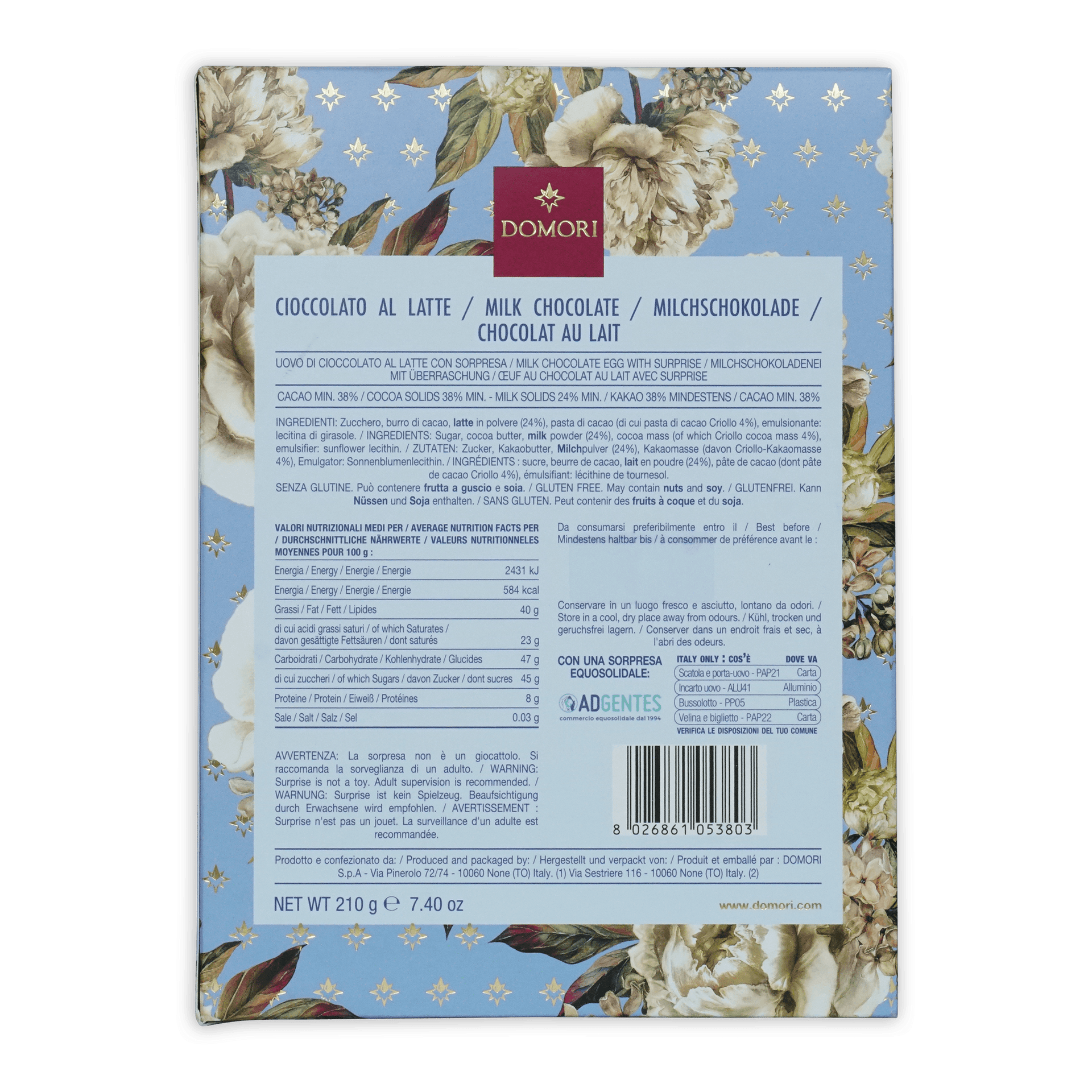 Domori easter egg milk chocolate bar in decorative box with floral and star patterns for seasonal gift