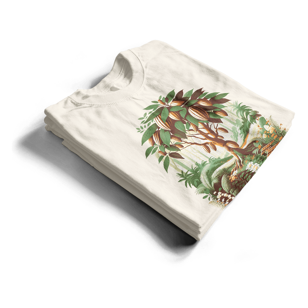 Vintage Cocoa Tree Tee: white cotton t-shirt with botanical cocoa tree print