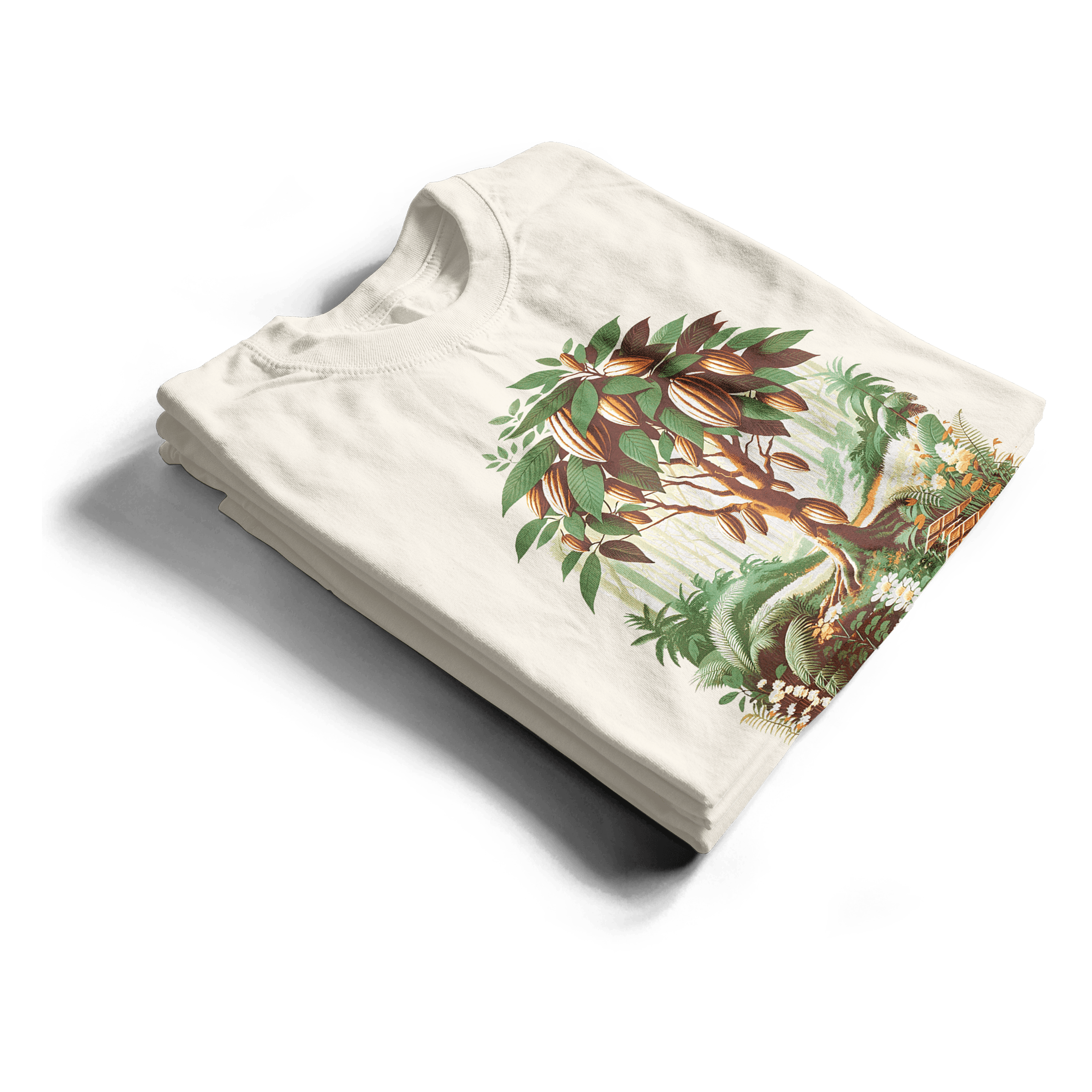 Vintage Cocoa Tree Tee: white cotton t-shirt with botanical cocoa tree print