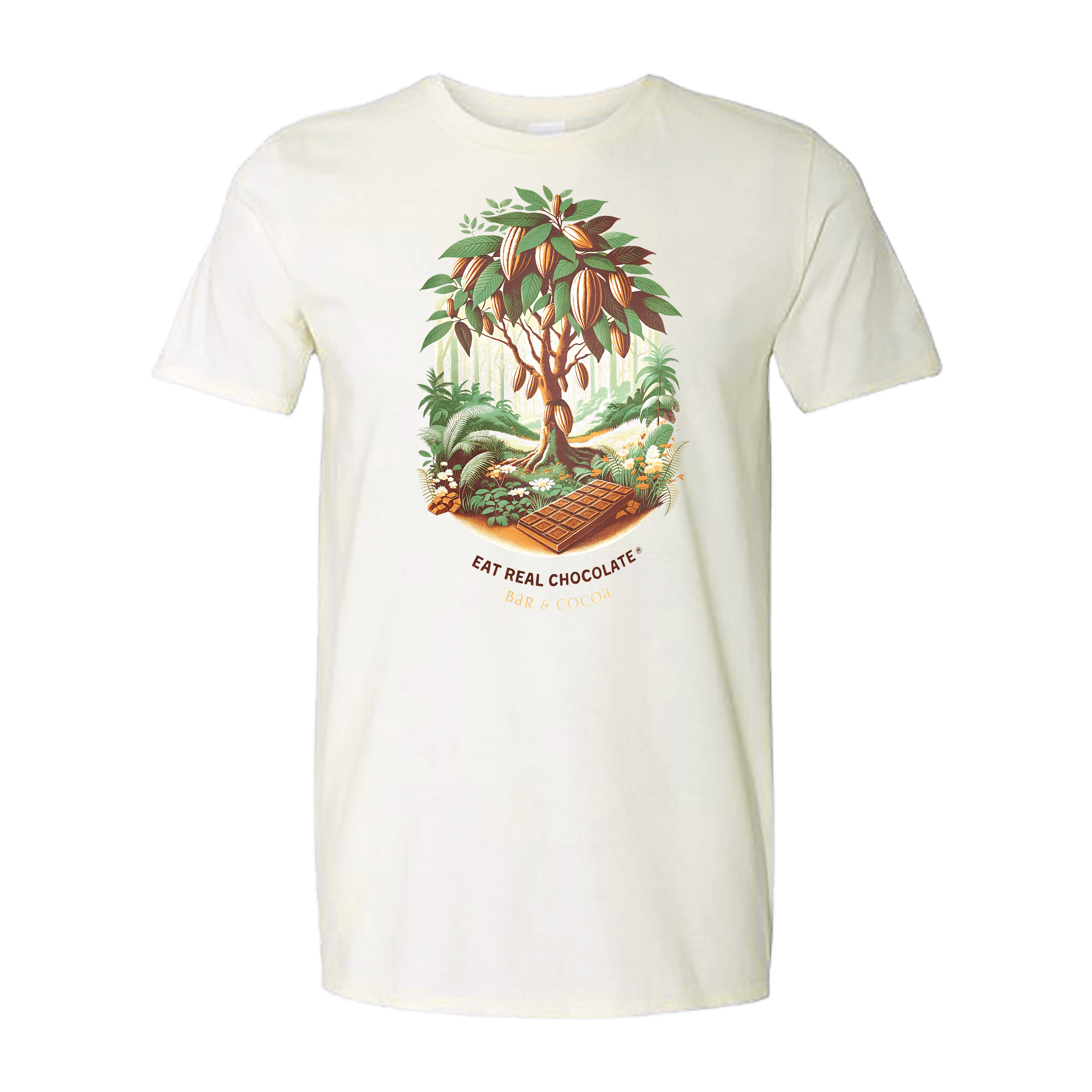 Vintage Cocoa Tree Tee: cream cotton t-shirt with chocolate tree illustration