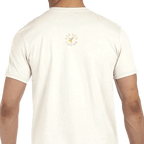 Back of Vintage Cocoa Tree Tee: cream cotton t-shirt with bar and cocoa logo, yellow bird